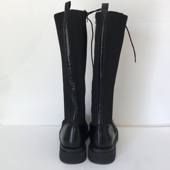 ASOS Truffle Collection Black Knee High Vegan Leather and Knitted Chunky Boots - Picture 6 of 8